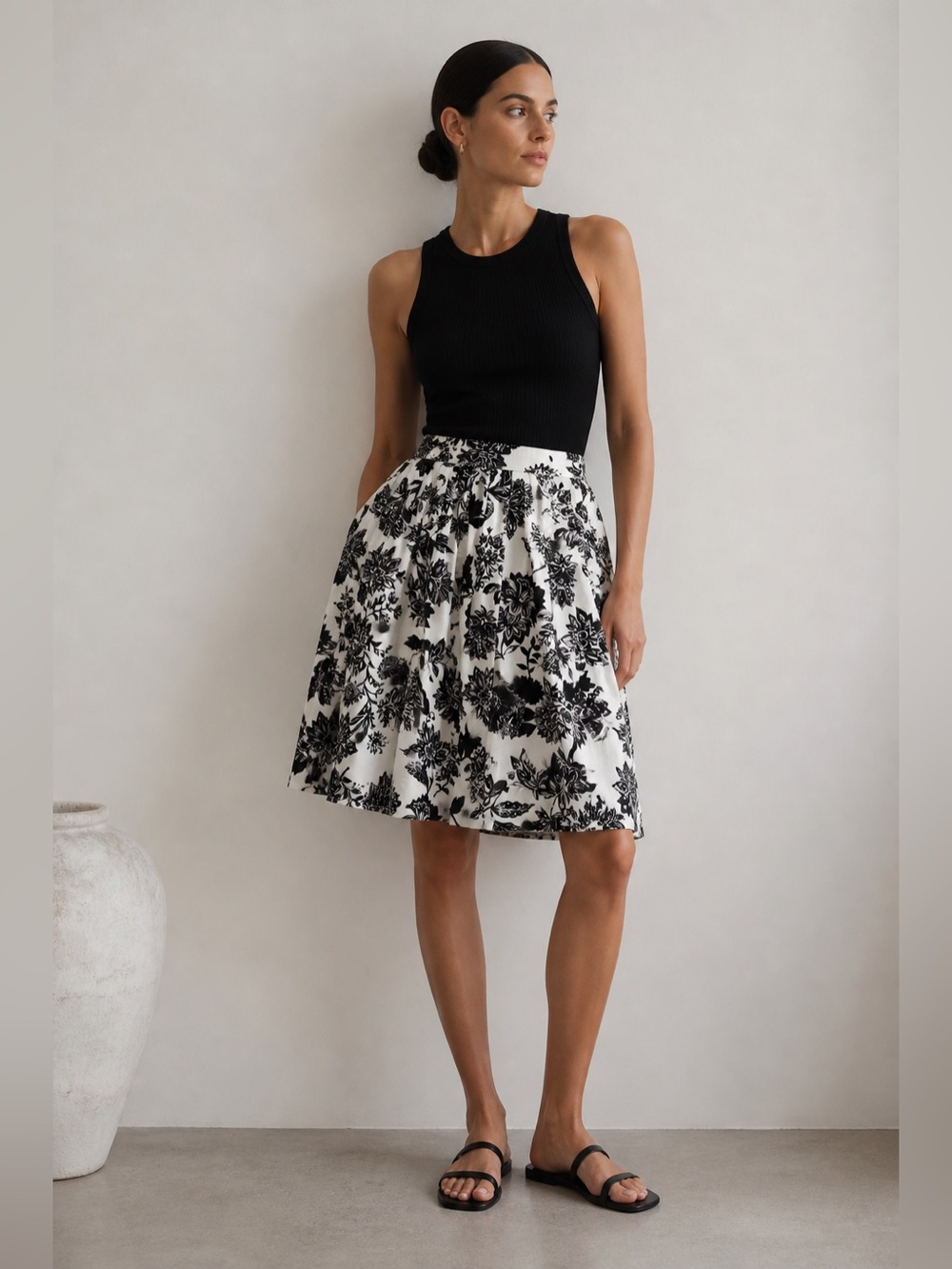 Vintage Talbots Cotton Floral Skirt | Black & White A-Line Midi | Garden Party